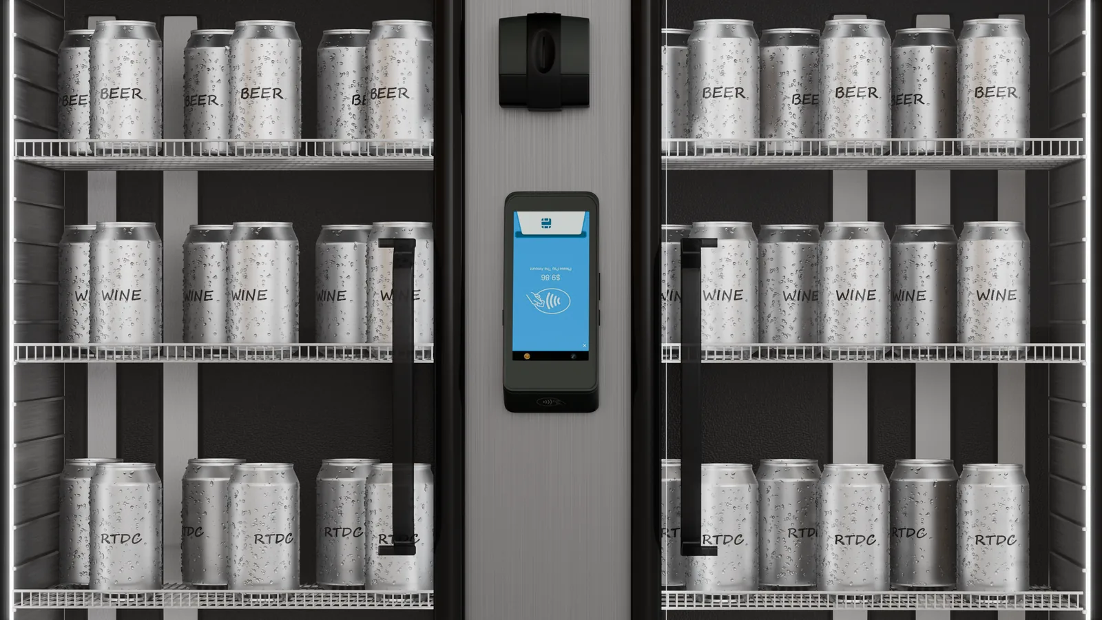 Close-up render of the golf truck's chilled vending interior showing condensation on cans and a lit payment screen