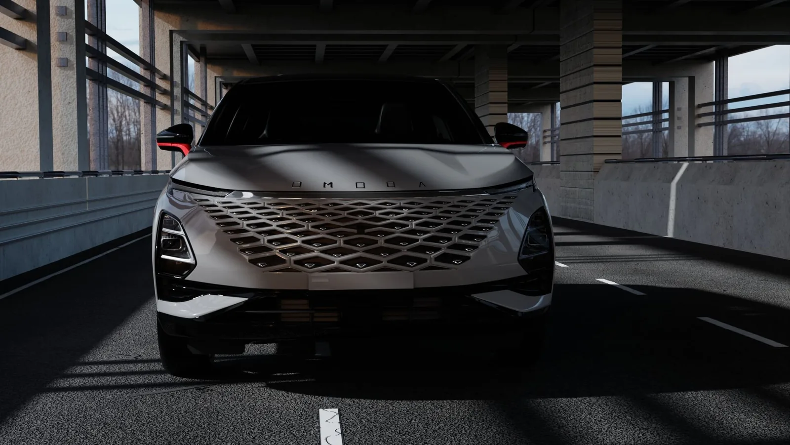 The finished Omoda C5 render, front view in a concrete parking structure with the honeycomb grille lit
