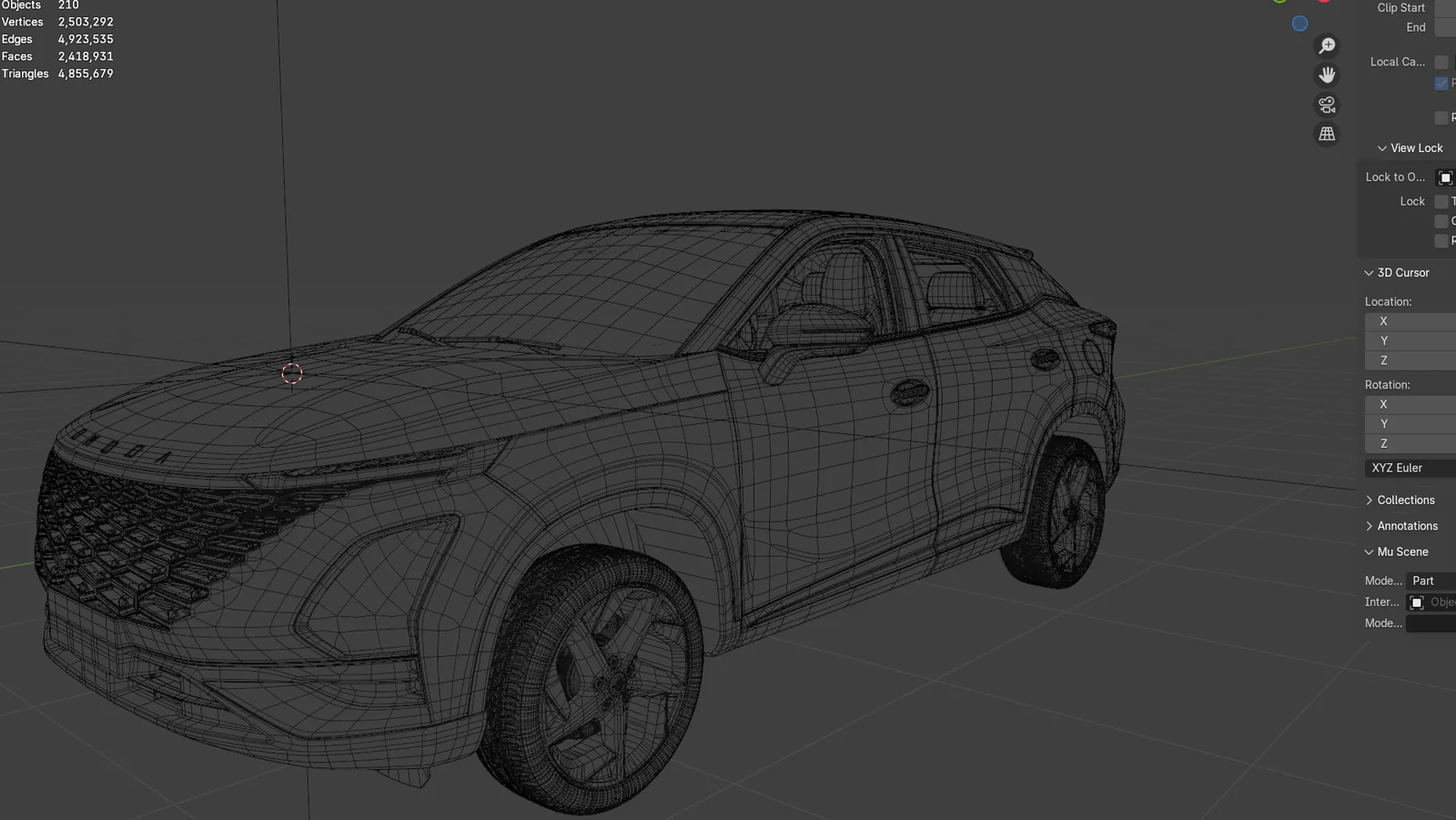 Blender viewport showing the Omoda C5 source mesh in wireframe, statistics overlay reading 4,855,679 triangles