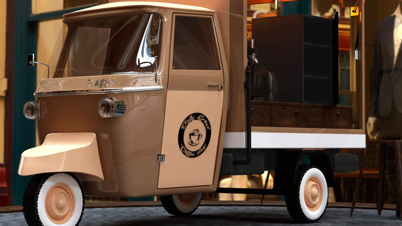 Render of a Piaggio three-wheeled food cart